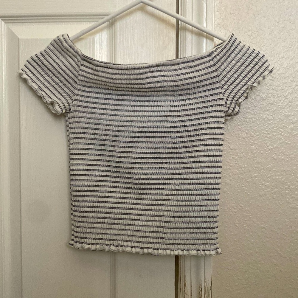 Black and white striped crop top, off the shoulder